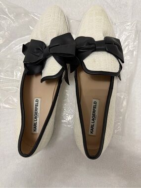 Karl Lagerfeld White Textured Loafers with Black Bow Trim